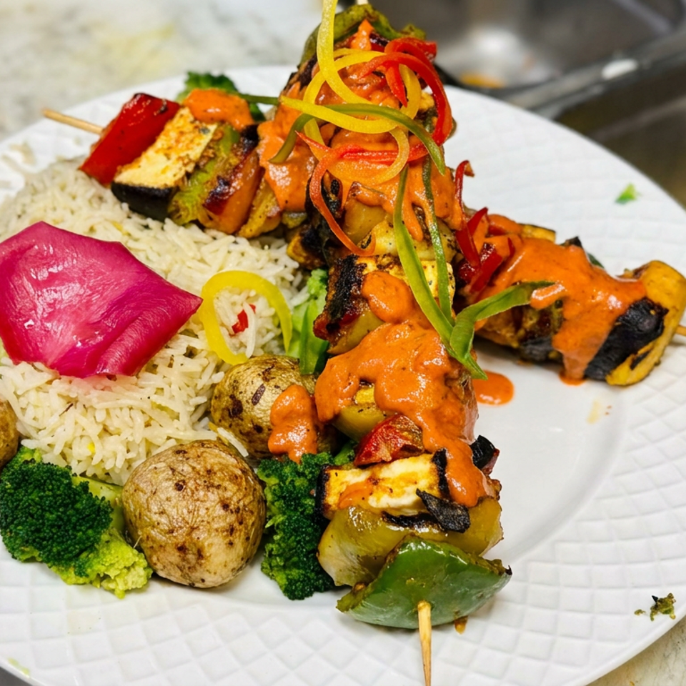 Plate of grilled vegetable skewers with spicy orange sauce, basmati rice, roasted potatoes, broccoli, and pickled cabbage.