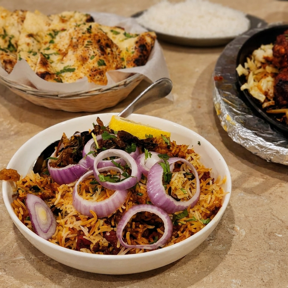 Indian biryani topped with red onion rings and lemon, served with naan and grilled chicken on a restaurant table.