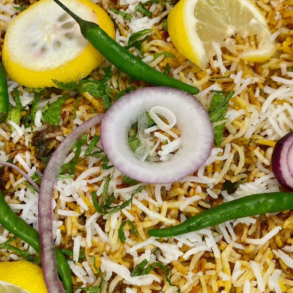Close-up of biryani rice garnished with lemon slices, green chilies, red onion rings, and fresh herbs.
