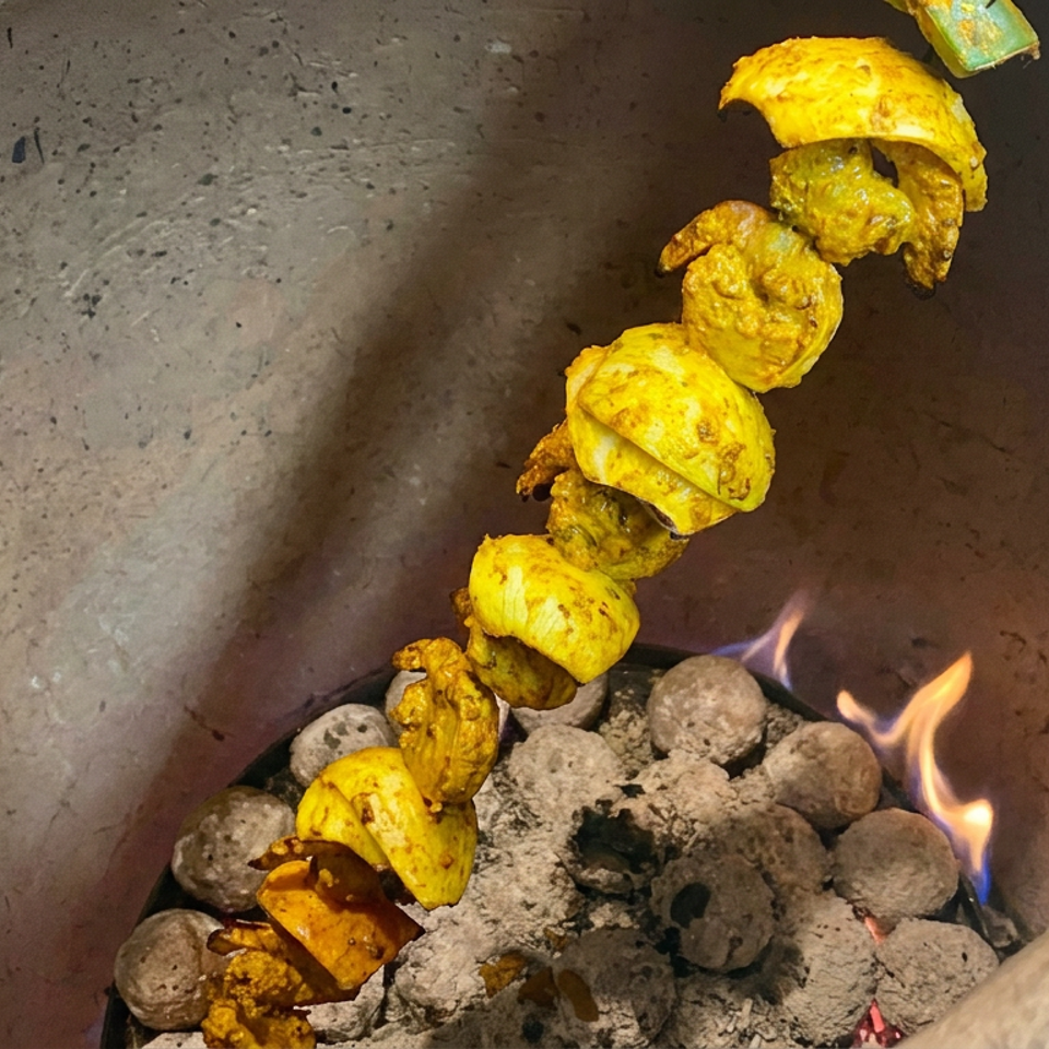 Skewer of yellow-marinated food roasting over charcoal and flames inside a clay tandoor oven.