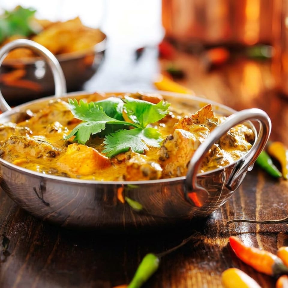 Creamy Indian curry garnished with cilantro in a metal serving bowl, surrounded by colorful chilies on a wooden table.