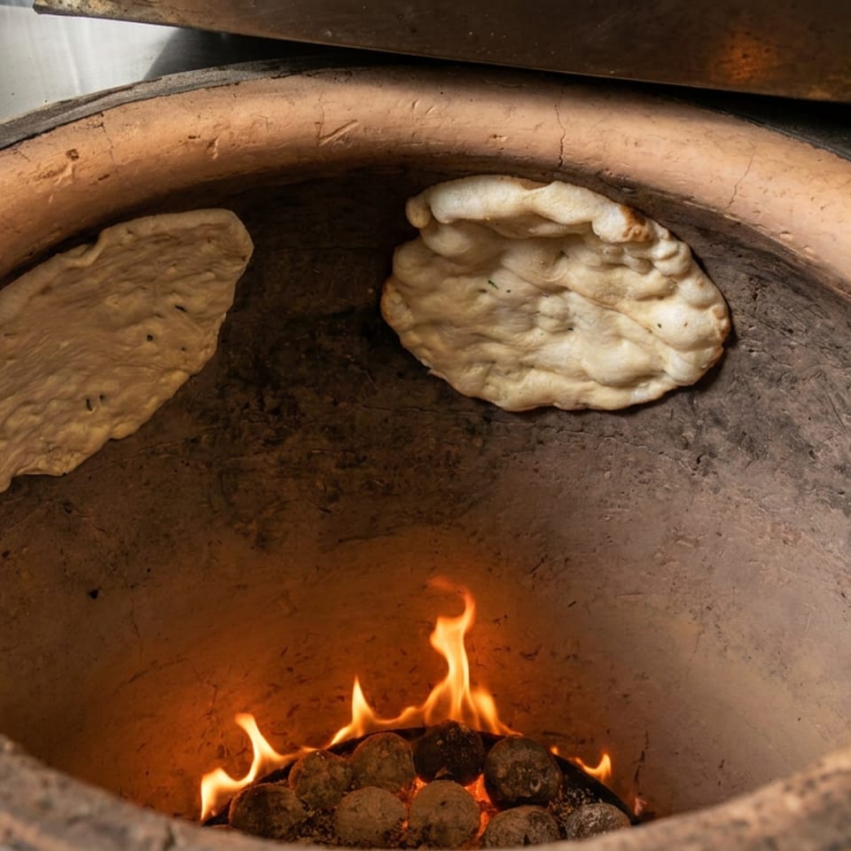 Two flatbreads bake on the inner wall of a clay tandoor oven above glowing coals and flames.