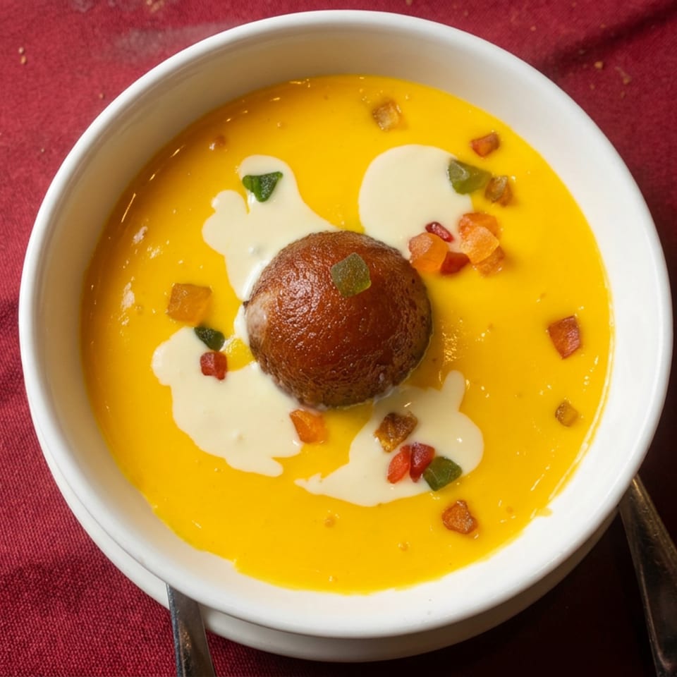 Dessert bowl featuring a chocolate-coated sphere in golden sauce, drizzled with cream and sprinkled with colorful fruit pieces.